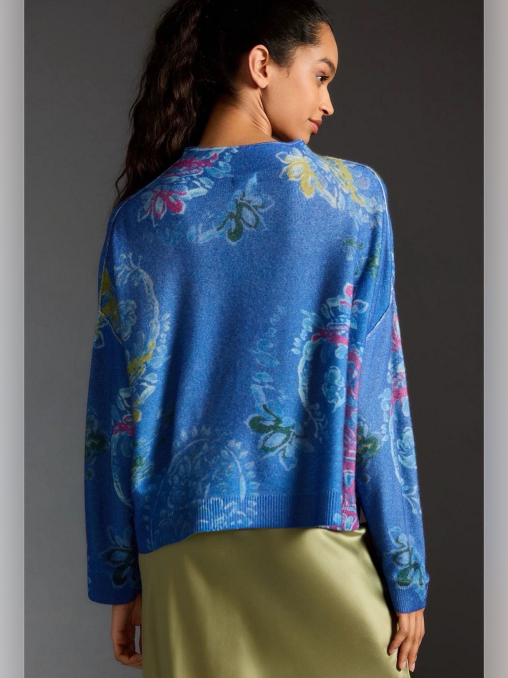 Pilcro Anthropologie The Alani Cashmere mock neck Blue Floral Sweater - Picture 3 of 7